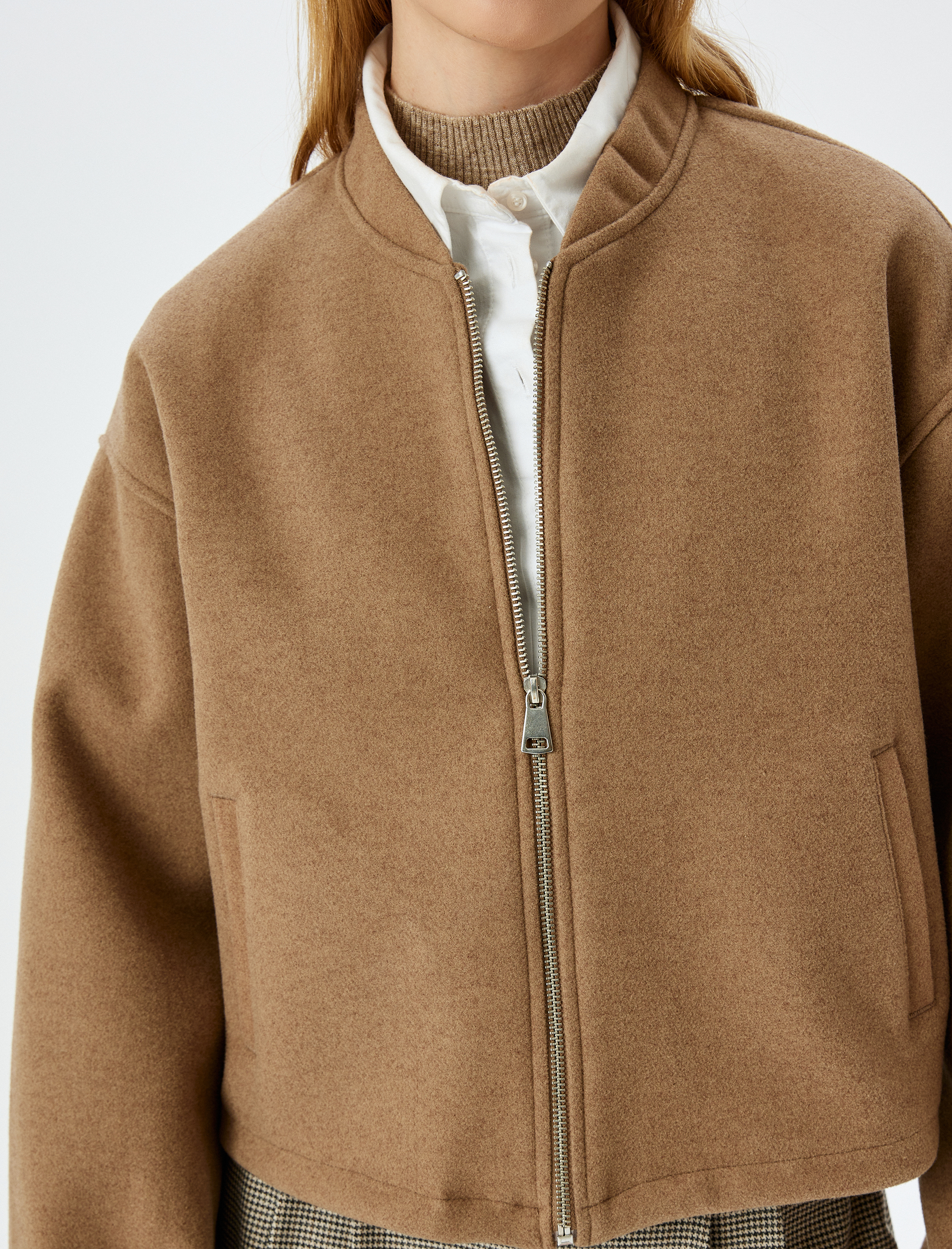   Fermuarlı Cep Detaylı Kolej Oversize Kaşe Bomber Ceket