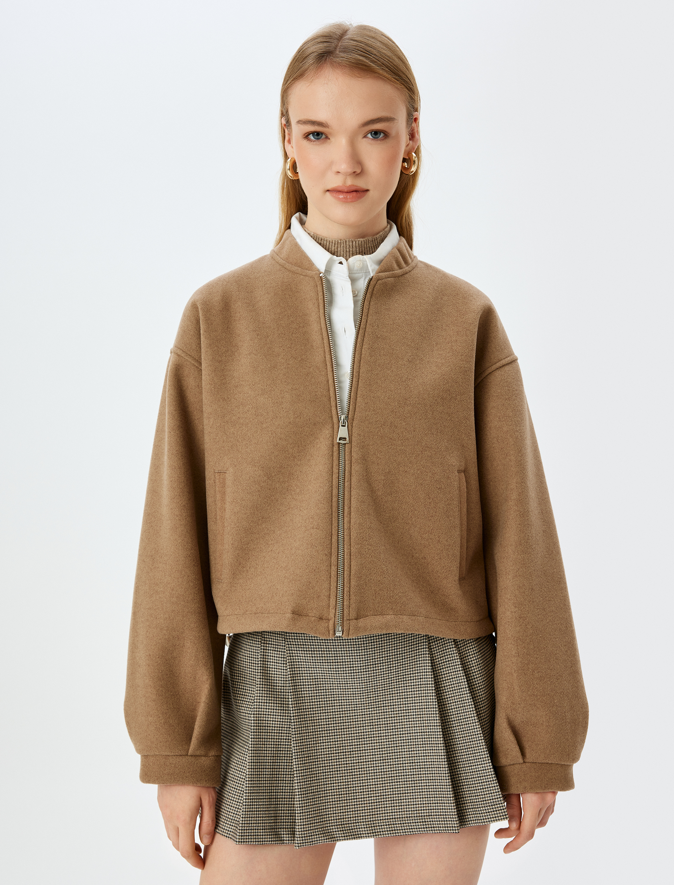   Fermuarlı Cep Detaylı Kolej Oversize Kaşe Bomber Ceket