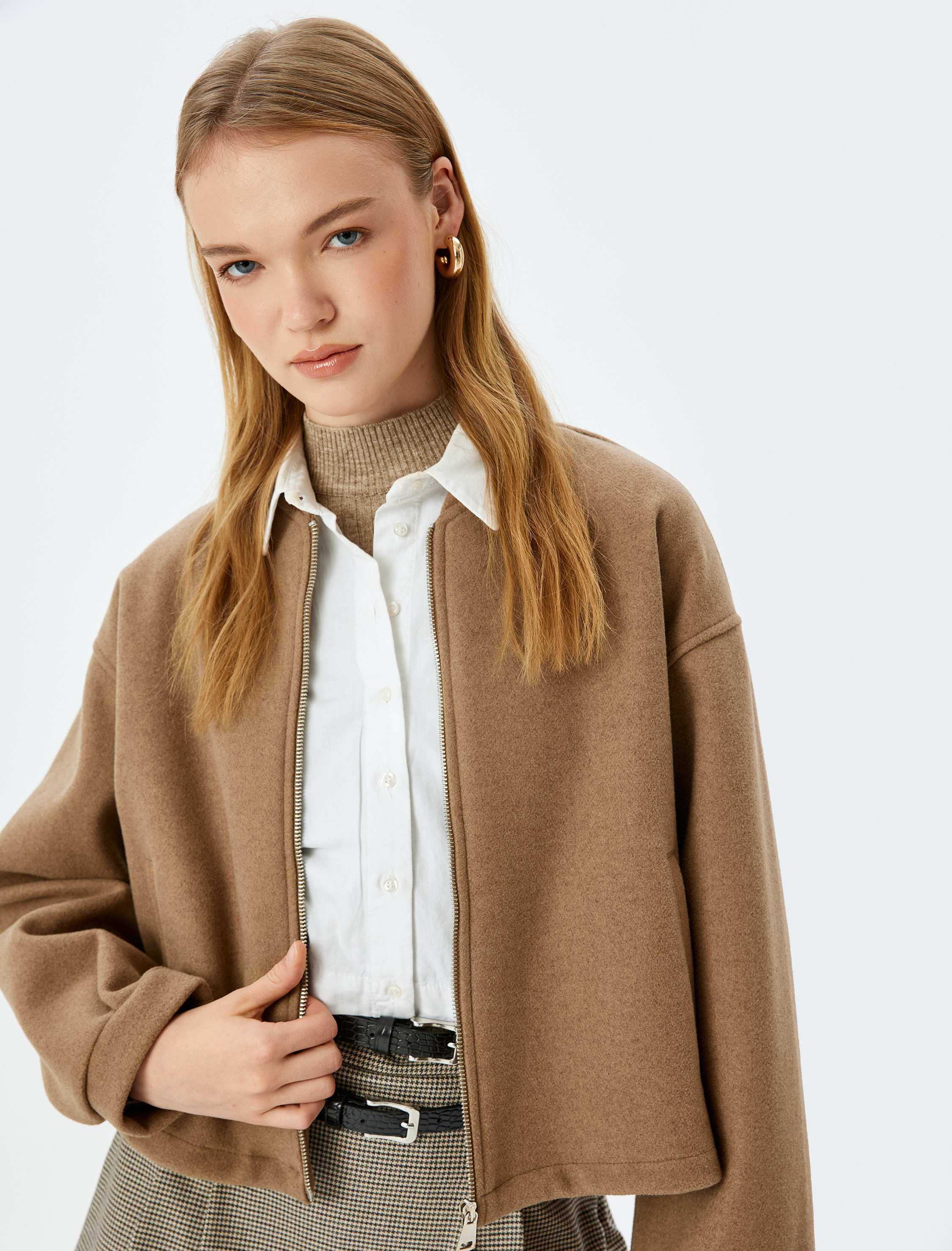   Fermuarlı Cep Detaylı Kolej Oversize Kaşe Bomber Ceket