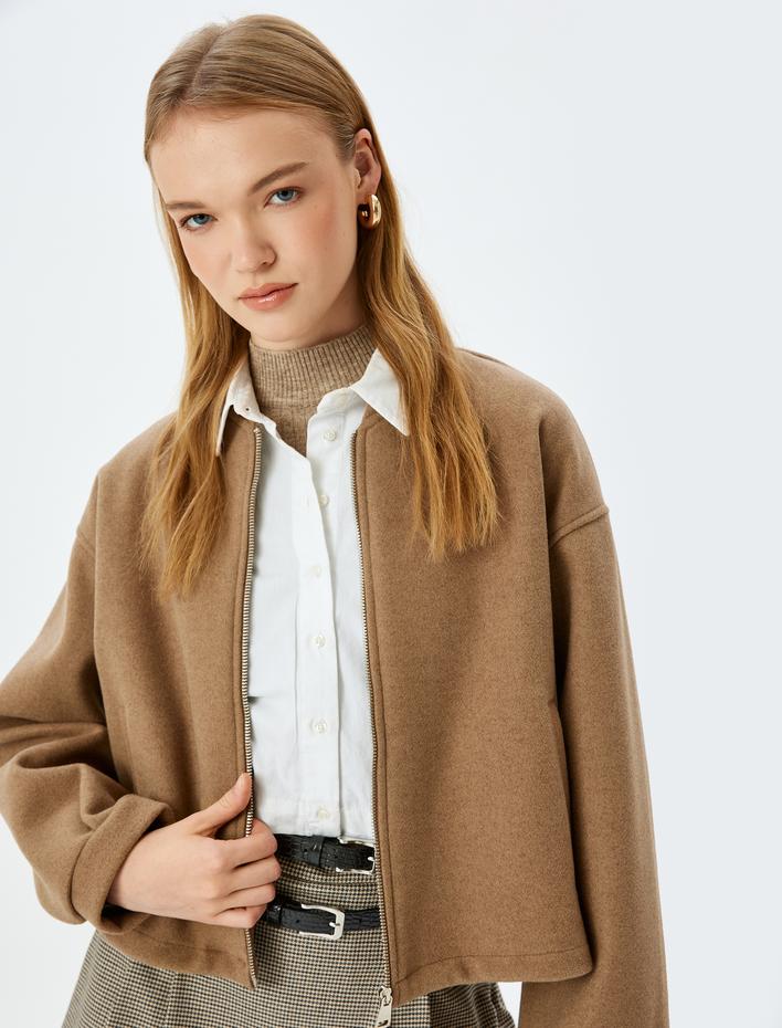  Fermuarlı Cep Detaylı Kolej Oversize Kaşe Bomber Ceket