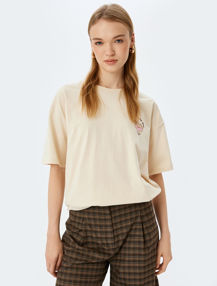  Bisiklet Yaka Slogan Baskılı Oversize Kısa Kollu Pamuklu Tişört