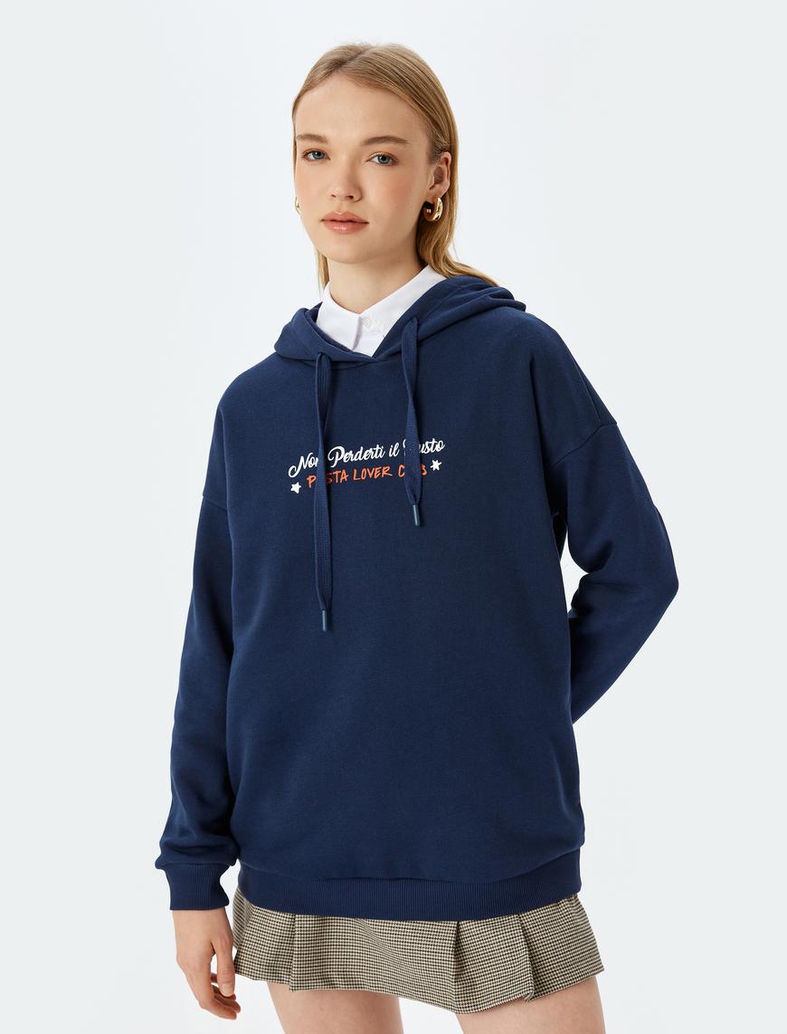   Slogan Baskılı Şardonlu Kapüşonlu Oversize Sweatshirt