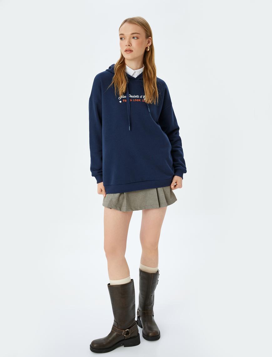   Slogan Baskılı Şardonlu Kapüşonlu Oversize Sweatshirt