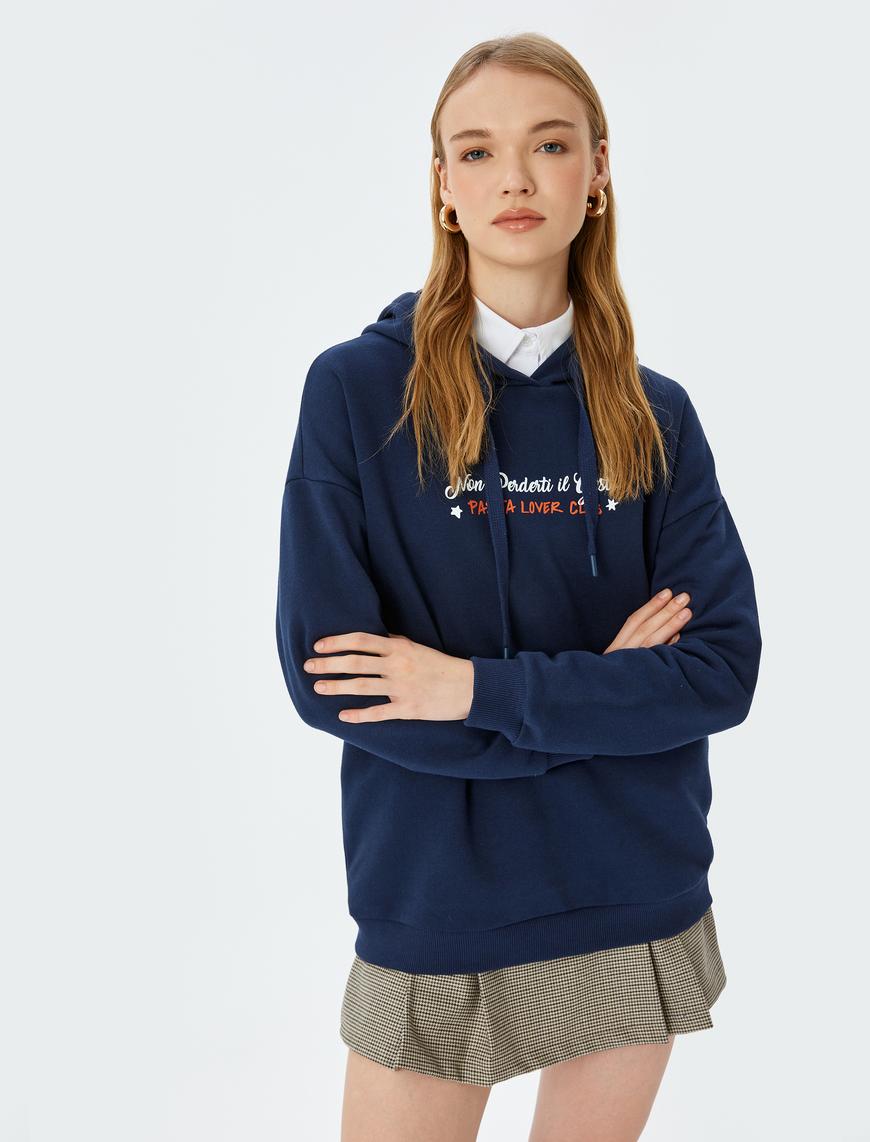   Slogan Baskılı Şardonlu Kapüşonlu Oversize Sweatshirt