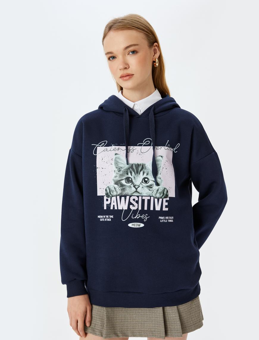   Kedi Baskılı Kapüşonlu Uzun Kollu Şardonlu Oversize Sweatshirt