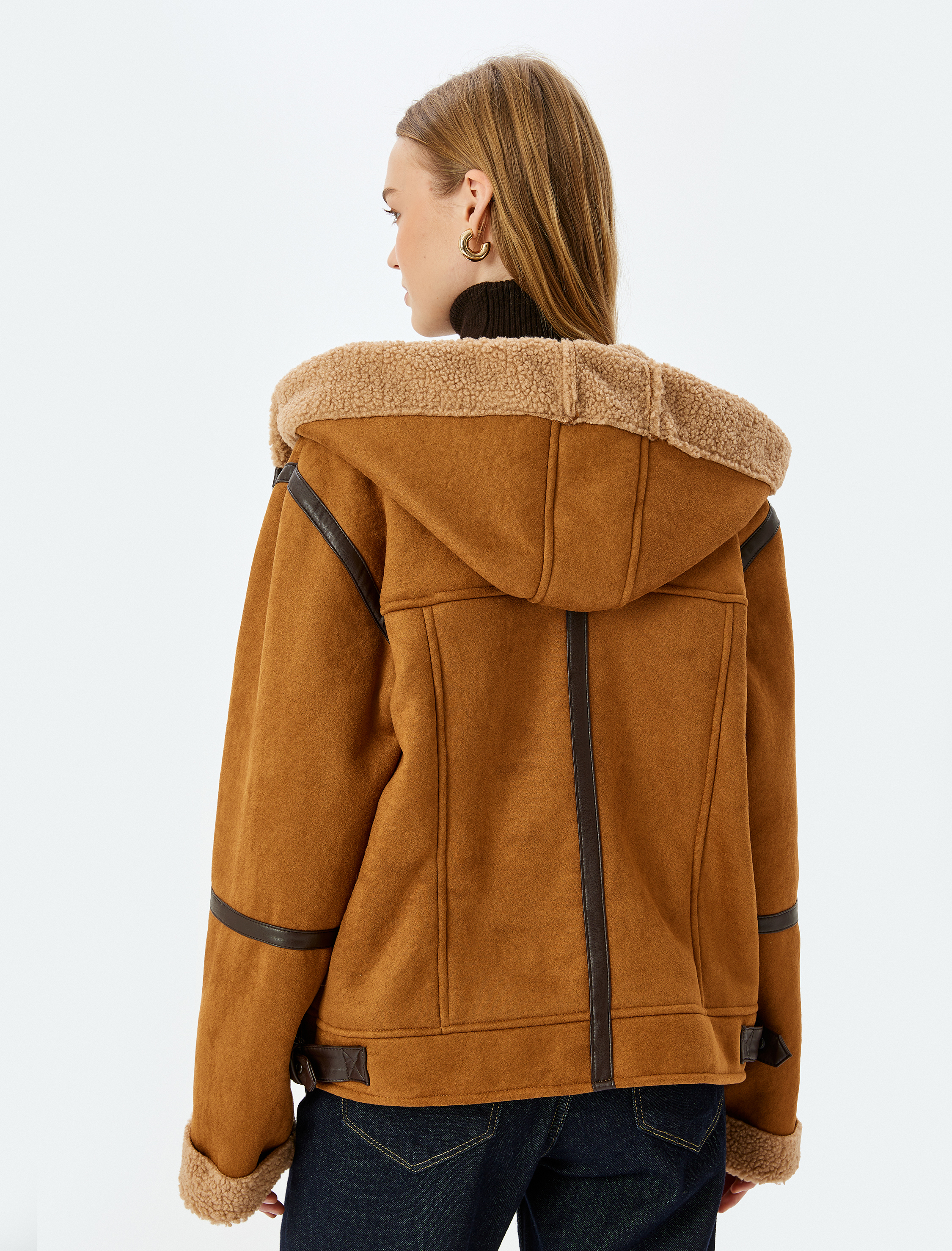   Kapüşonlu Peluş Detaylı Oversize Süet Görünümlü Ceket