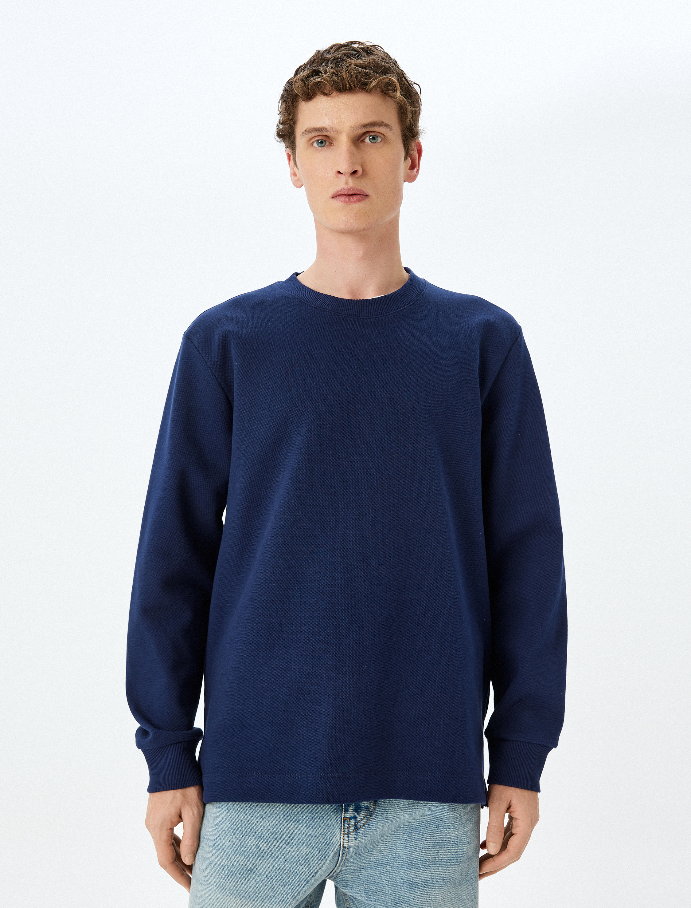   Bisiklet Yaka Pamuklu Pike Kumaş Basic Sweatshirt
