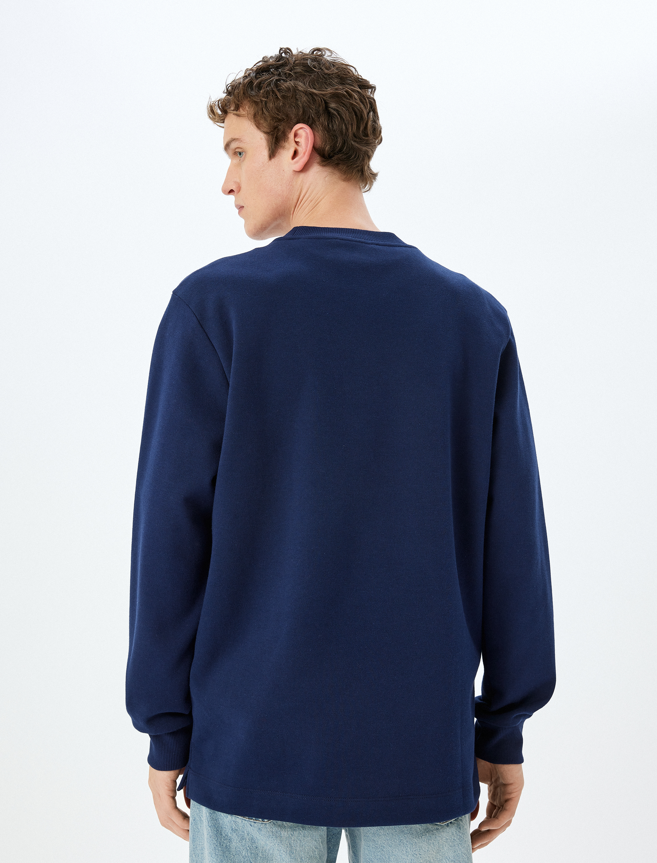   Bisiklet Yaka Pamuklu Pike Kumaş Basic Sweatshirt
