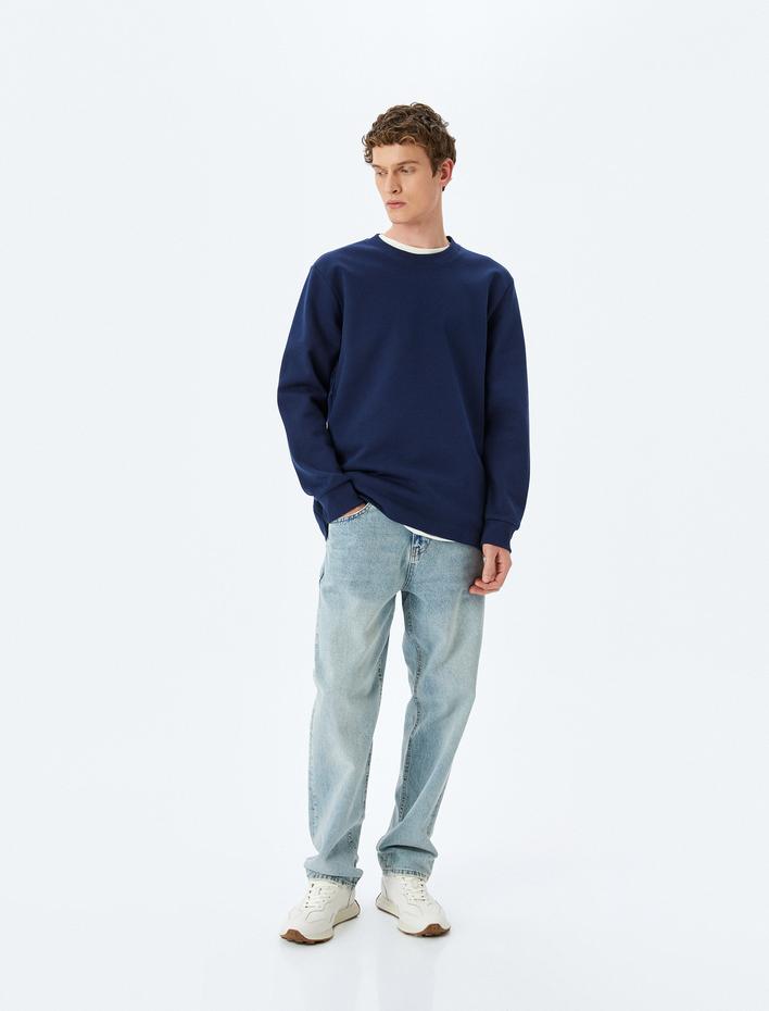  Bisiklet Yaka Pamuklu Pike Kumaş Basic Sweatshirt