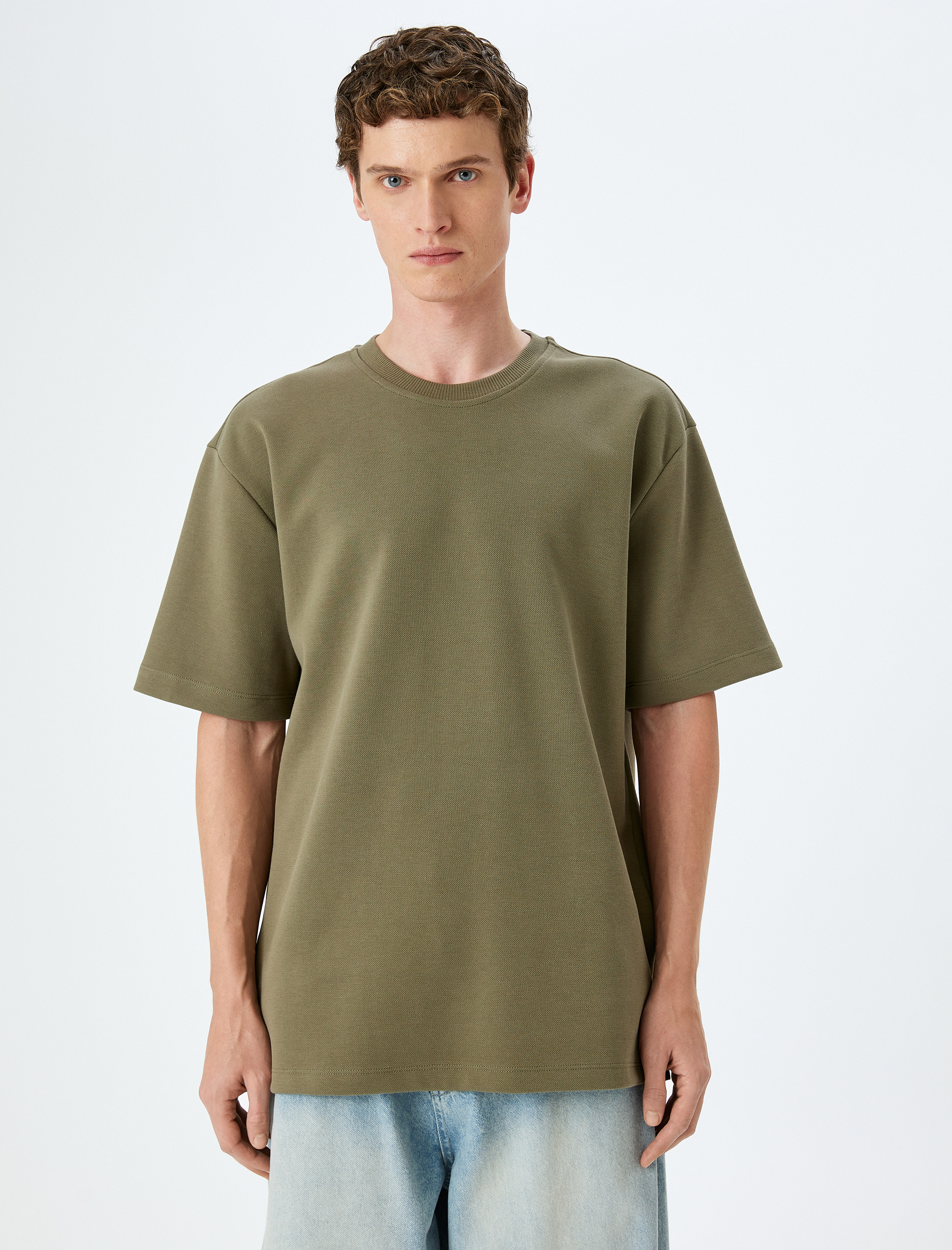   Bisiklet Yaka Pamuklu Pike Tok Kumaş Kısa Kollu Oversize Tişört