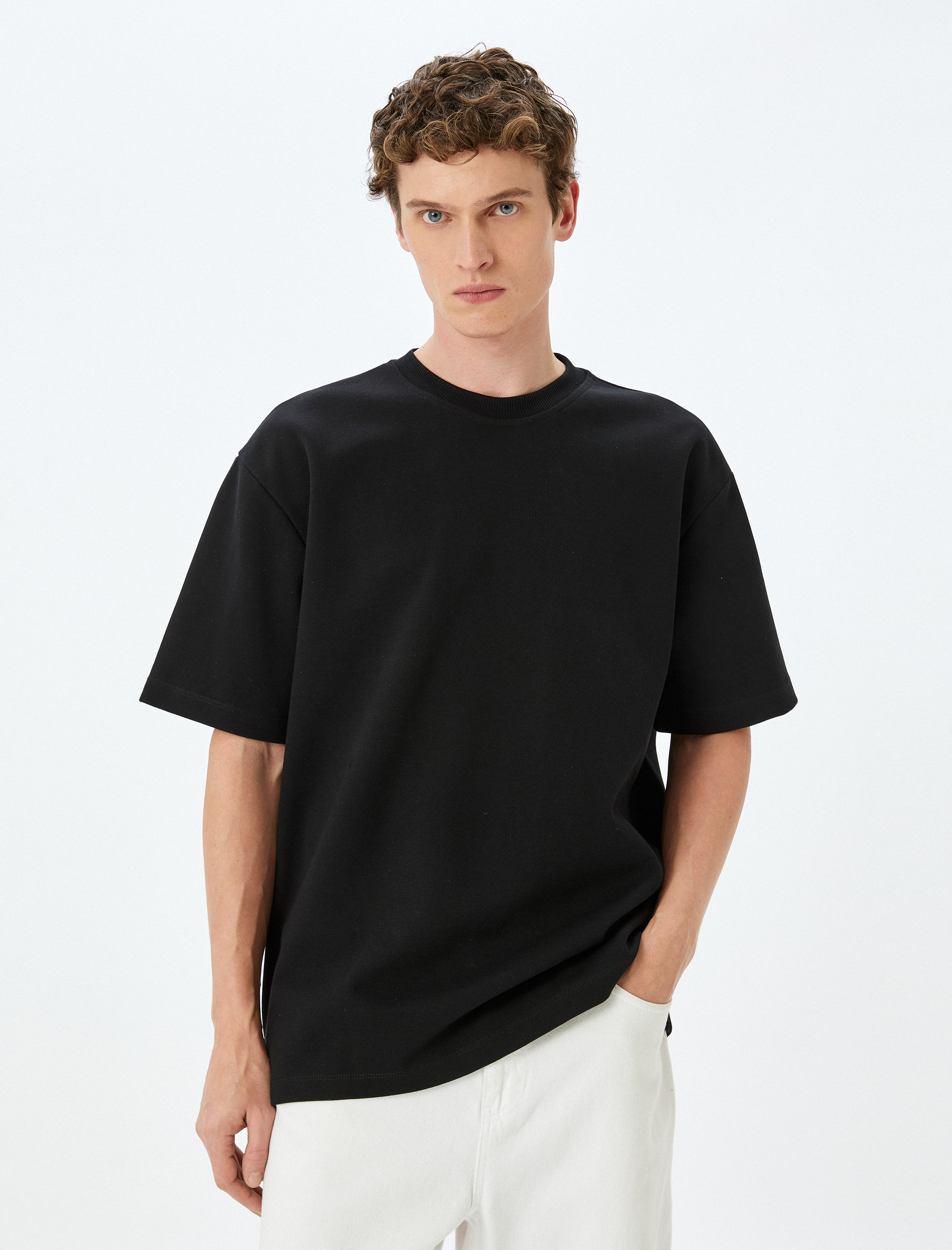   Bisiklet Yaka Pamuklu Pike Tok Kumaş Kısa Kollu Oversize Tişört