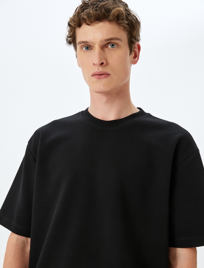  Bisiklet Yaka Pamuklu Pike Tok Kumaş Kısa Kollu Oversize Tişört