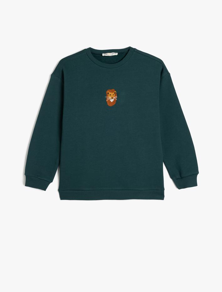 Erkek Çocuk Uzun Kollu Bisiklet Yaka Aslan İşlemeli Şardonlu Pamuklu Sweatshirt