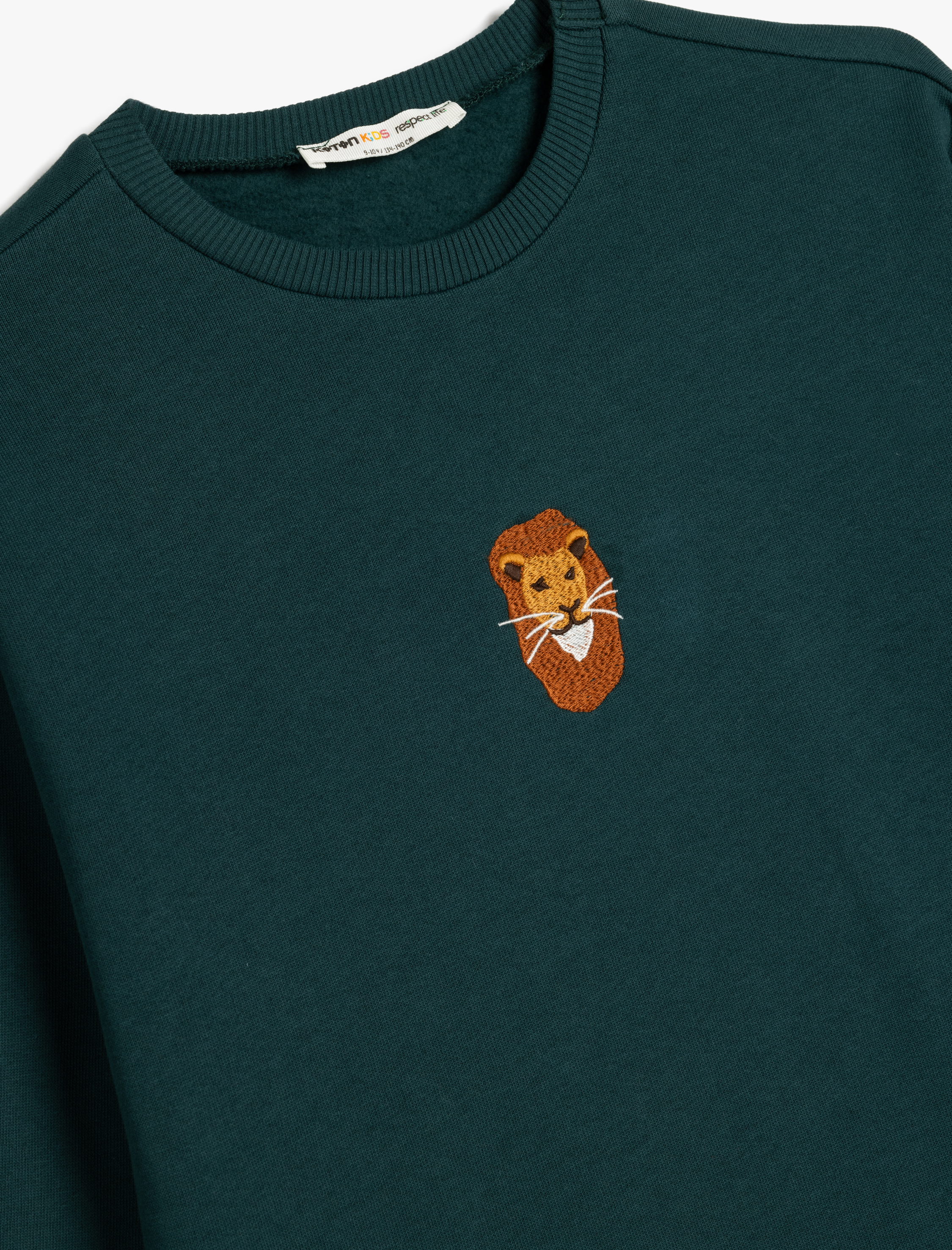  Erkek Çocuk Aslan İşlemeli Bisiklet Yaka Uzun Kollu Şardonlu Pamuklu Sweatshirt