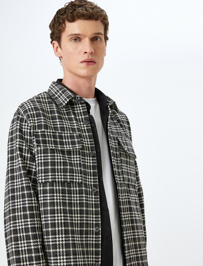  Uzun Kollu Regular Fit Kapaklı Cep Detaylı Ekose Tüvit Gömlek Ceket