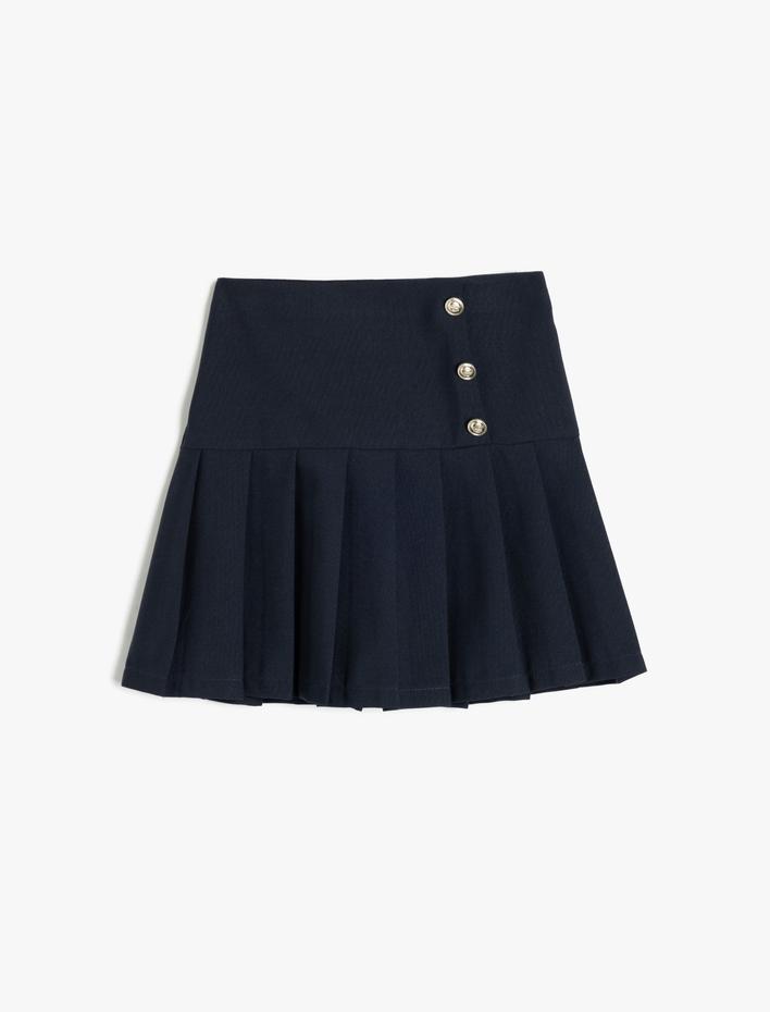 Kız Çocuk Beli Lastikli Düğme Detaylı Viskon Karışımlı Pileli Etek