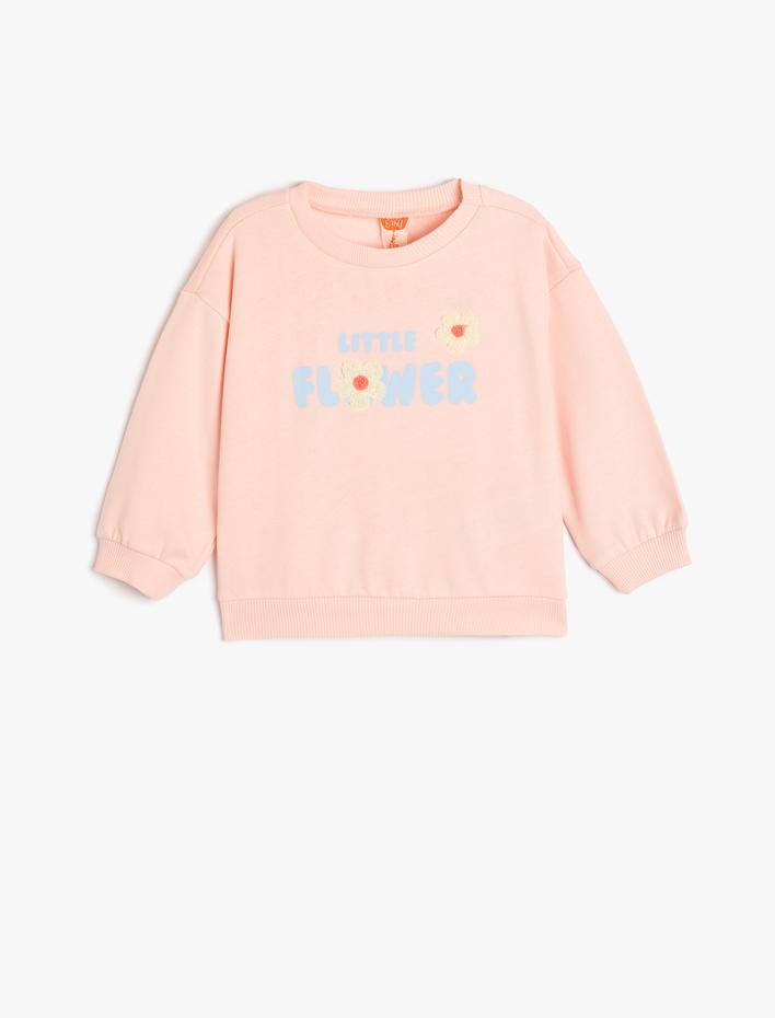 Kız Bebek Sweatshirt Uzun Kollu Çiçek Baskılı Bisiklet Yaka Şardonlu Pamuklu