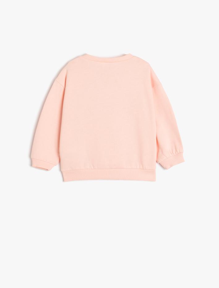 Kız Bebek Sweatshirt Uzun Kollu Çiçek Baskılı Bisiklet Yaka Şardonlu Pamuklu