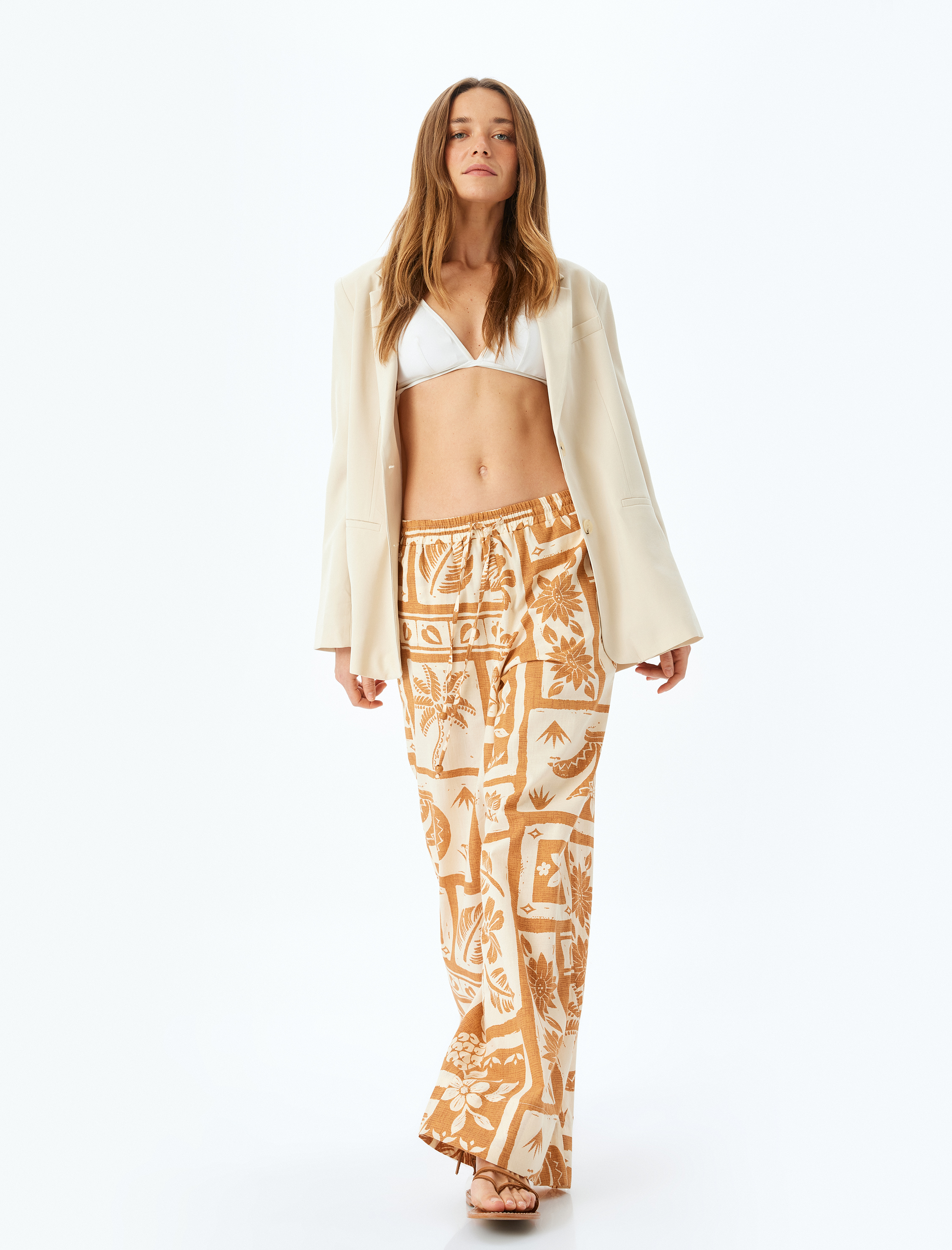   Etnik Desenli Beli Lastikli Bağlamalı Bol Paça Pantolon