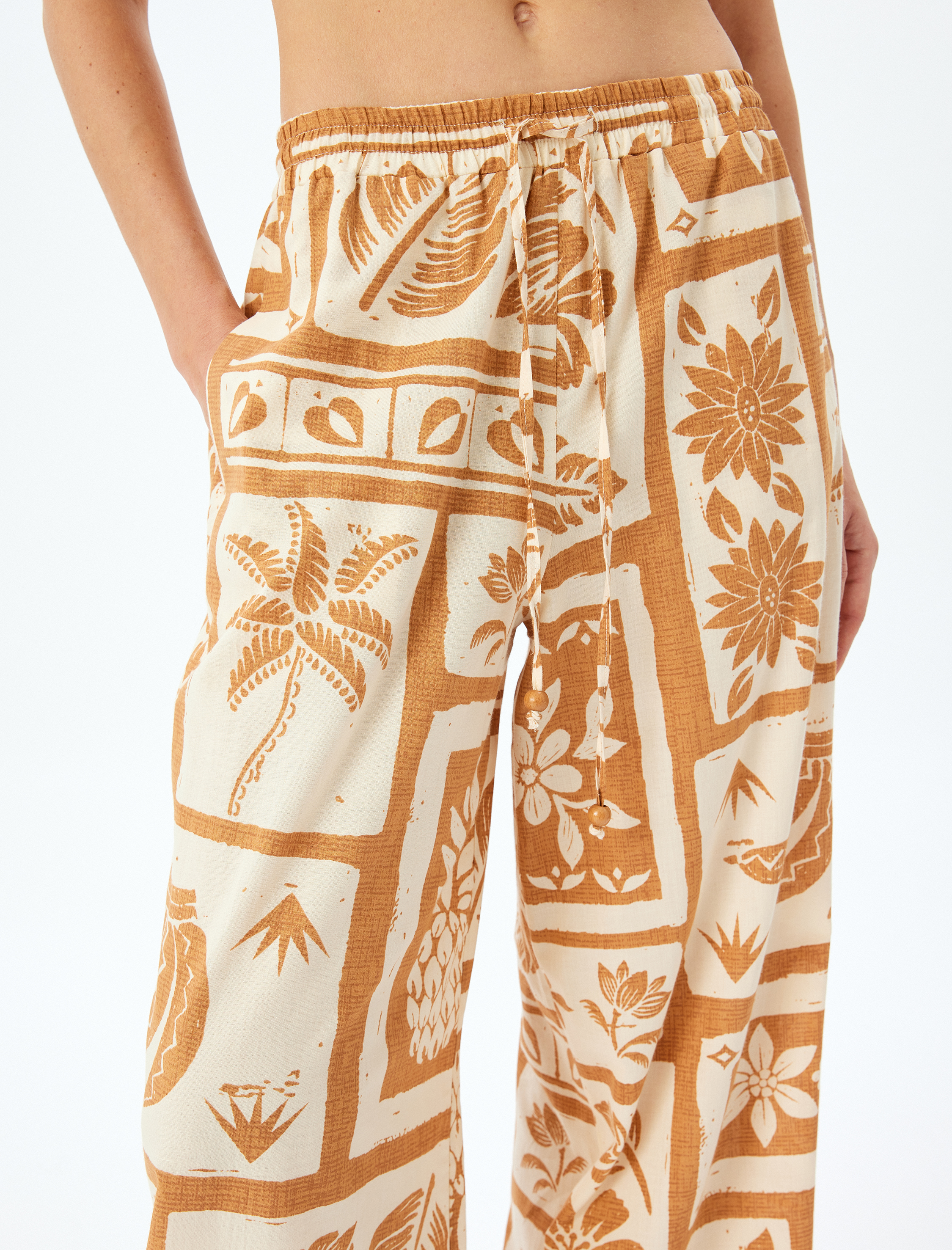   Etnik Desenli Beli Lastikli Bağlamalı Bol Paça Pantolon