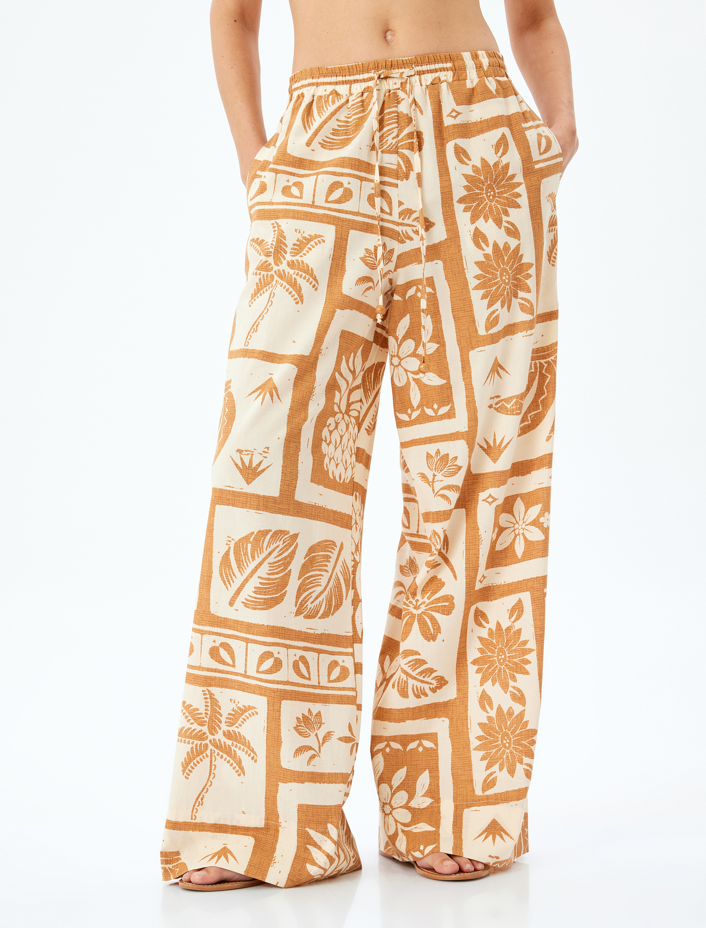   Etnik Desenli Beli Lastikli Bağlamalı Bol Paça Pantolon