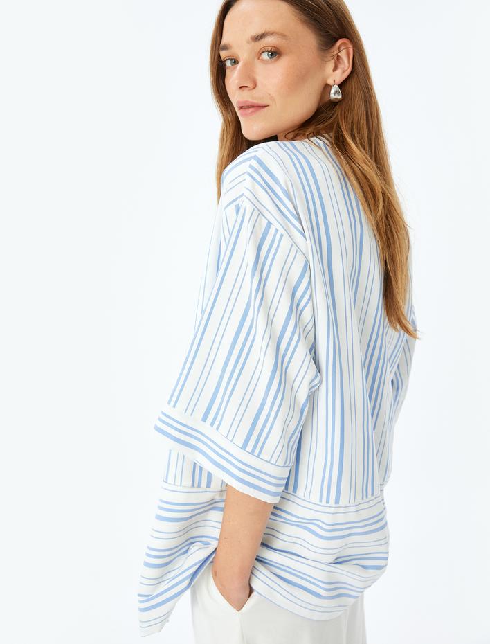  Viskon Karışımlı Cepli 3/4 Geniş Kol Çizgili Kimono