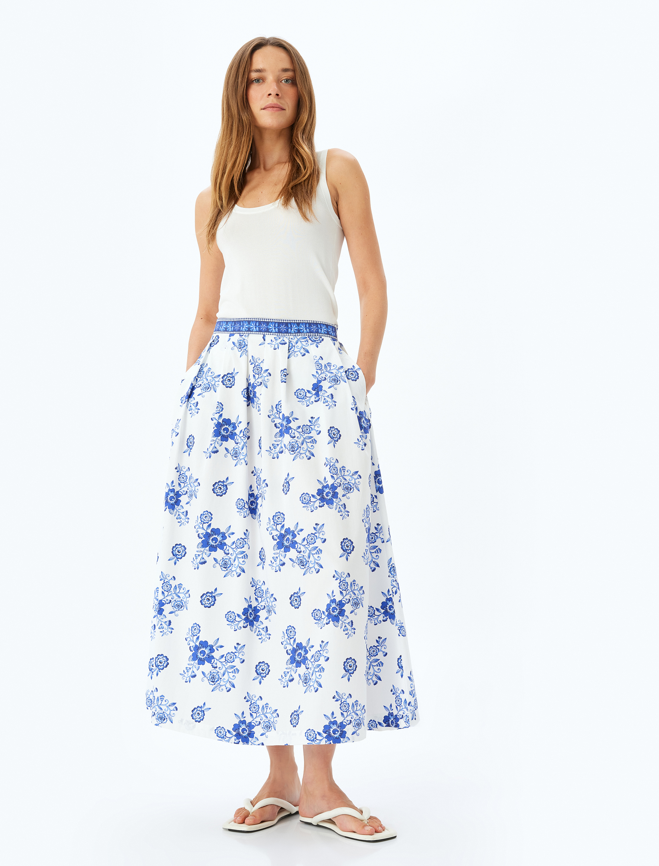   Pamuklu Yüksek Bel Cepli Çiçekli Uzun Poplin Etek