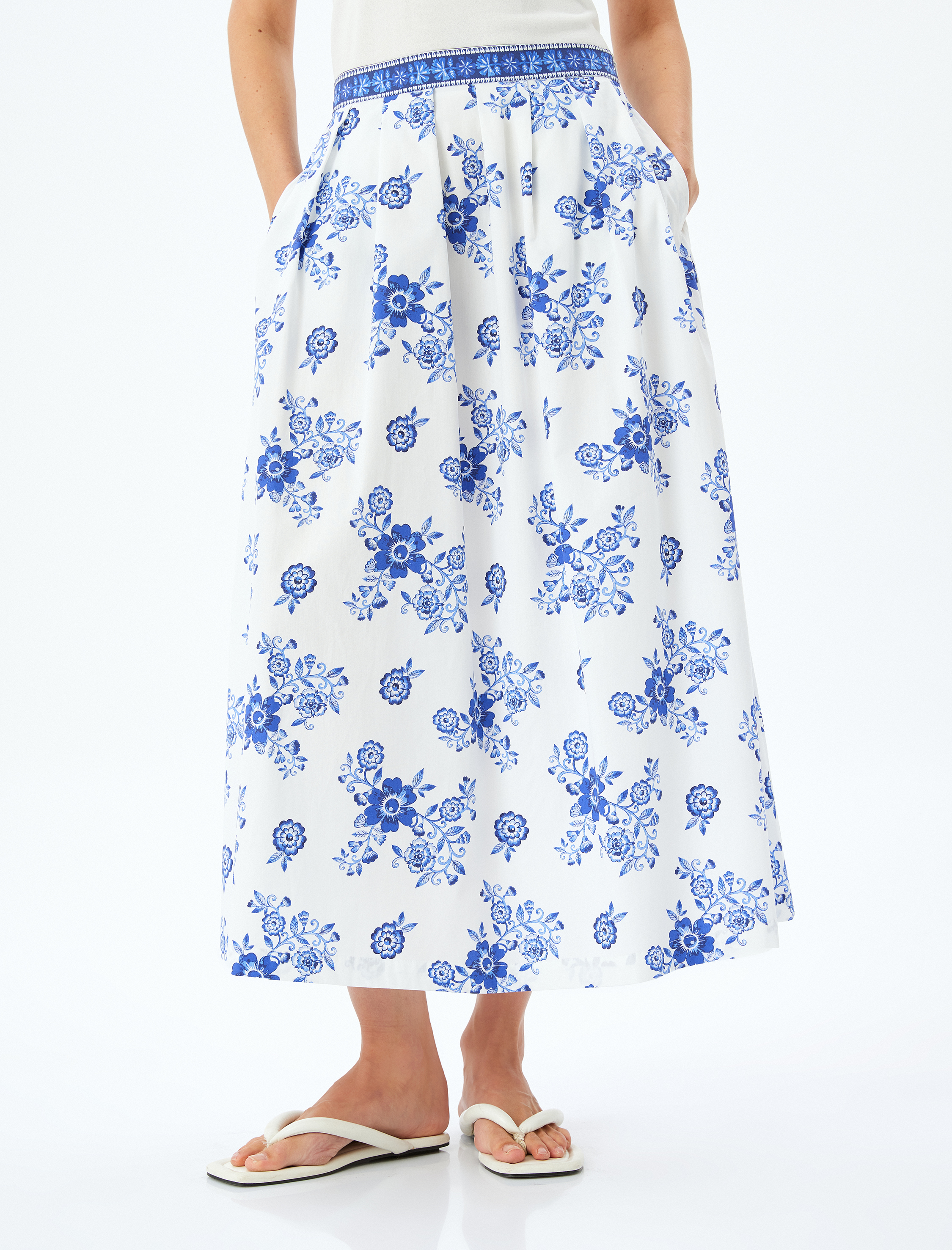   Pamuklu Yüksek Bel Cepli Çiçekli Uzun Poplin Etek