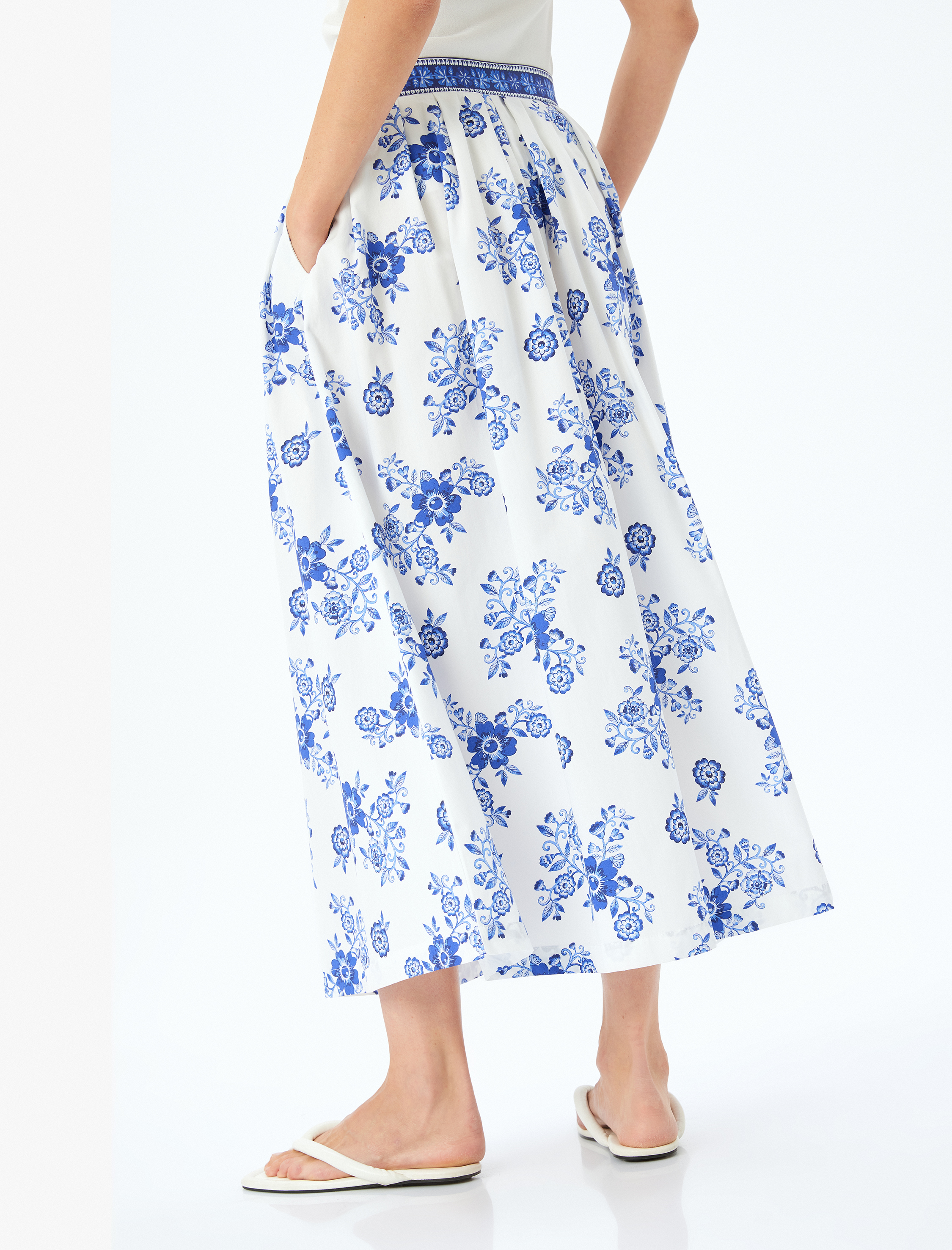   Pamuklu Yüksek Bel Cepli Çiçekli Uzun Poplin Etek