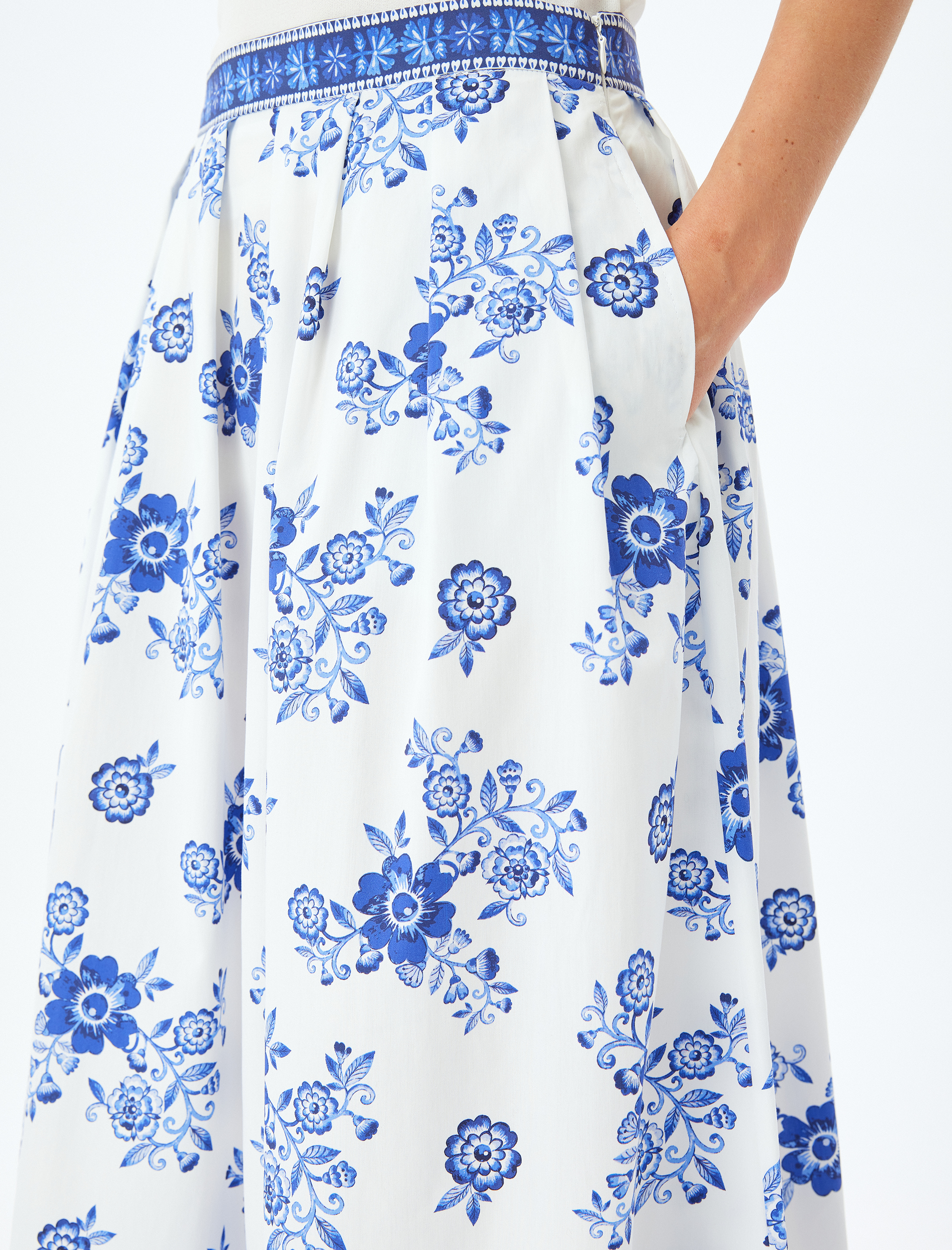   Pamuklu Yüksek Bel Cepli Çiçekli Uzun Poplin Etek