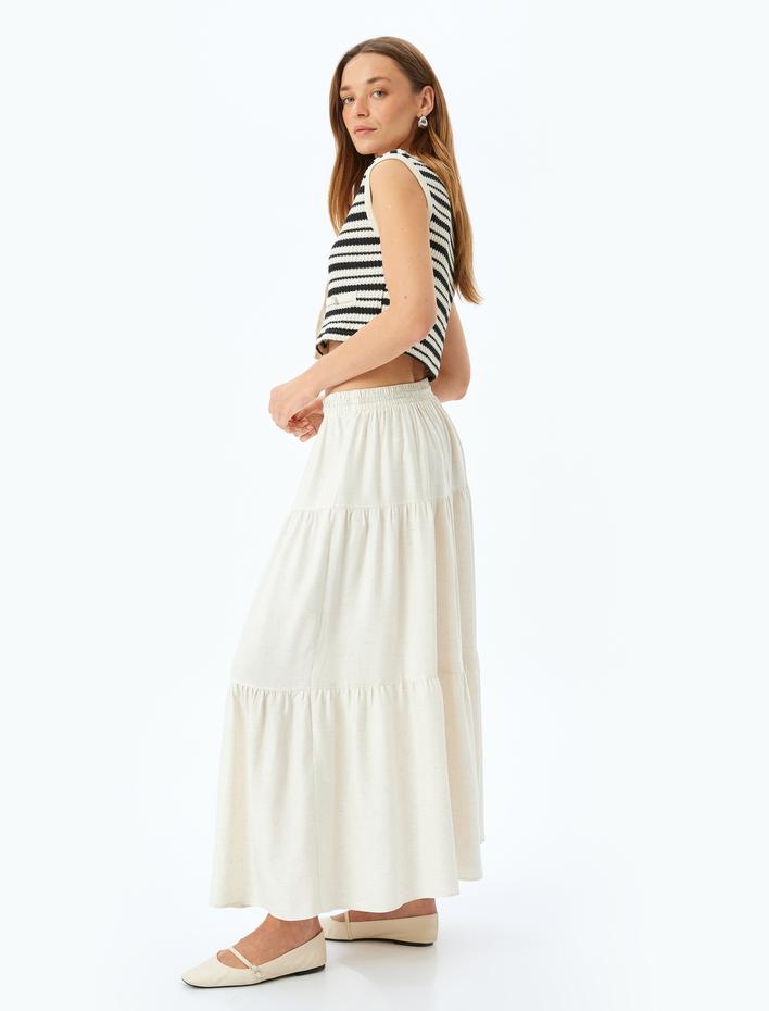  Katlı Beli Bağlamalı Lastikli Uzun Etek