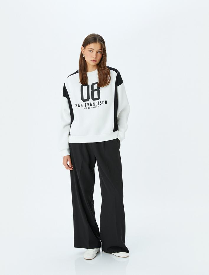  Kolej Baskılı Bisiklet Yaka Renk Bloklu Şardonlu Oversize Sweatshirt