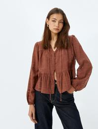 Hakim Yaka Uzun Balon Kollu Düğmeli Volanlı Bluz