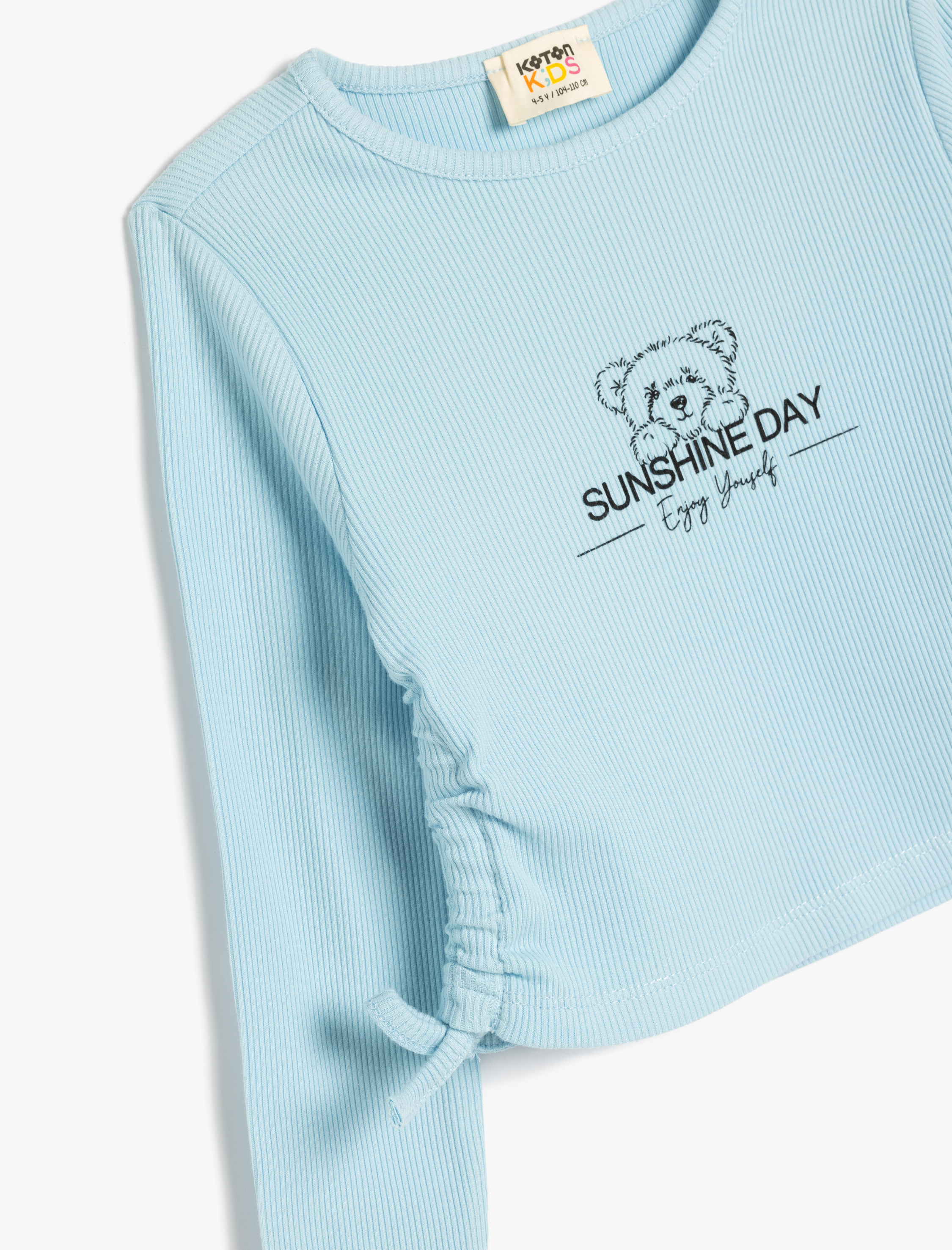  Kız Çocuk Crop Tişört Uzun Kollu Bisiklet Yaka Yanları Büzgülü Bağlamalı Fiyonk Baskılı Pamuklu