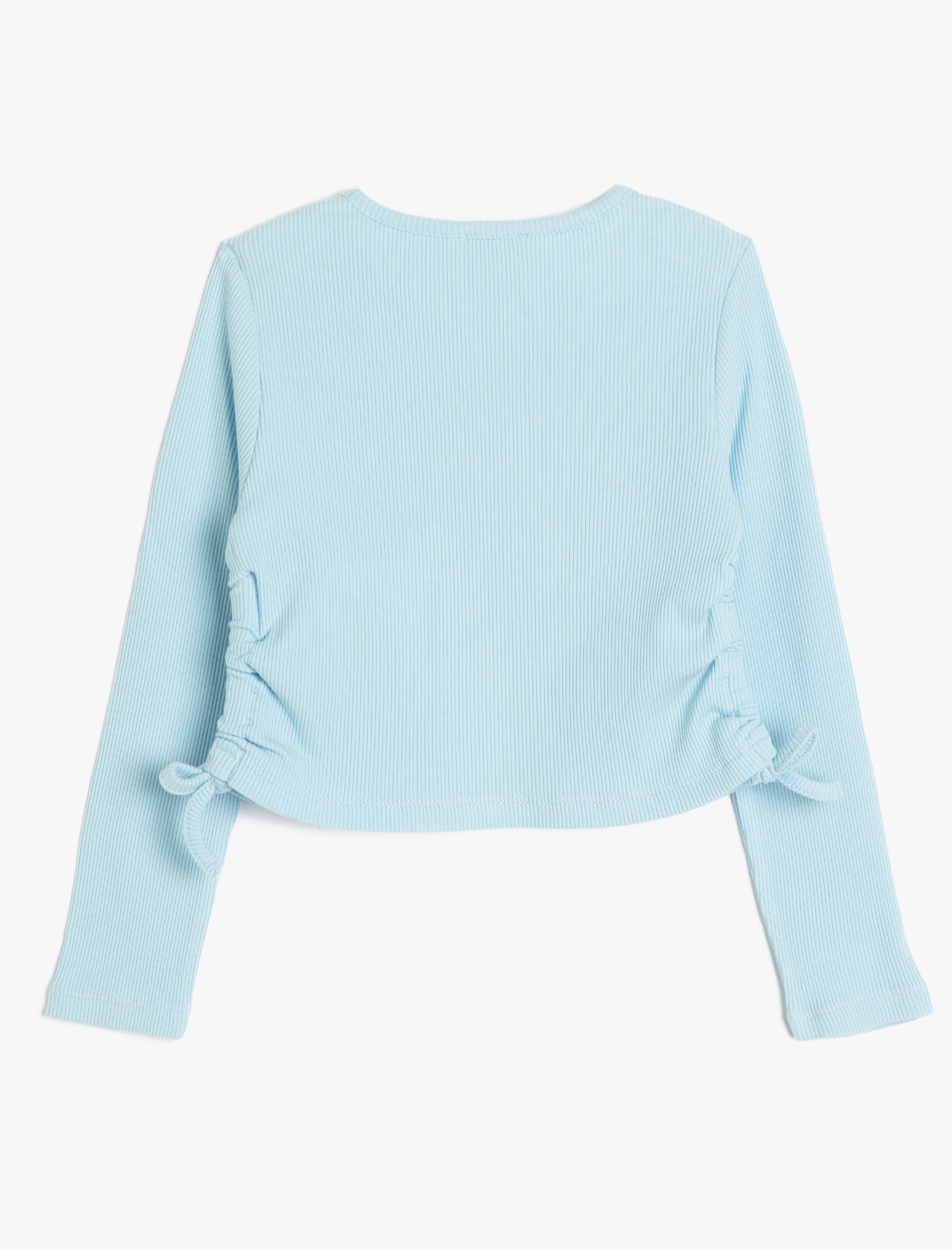  Kız Çocuk Crop Tişört Uzun Kollu Bisiklet Yaka Yanları Büzgülü Bağlamalı Fiyonk Baskılı Pamuklu