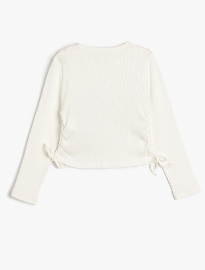 Kız Çocuk Crop Tişört Uzun Kollu Bisiklet Yaka Yanları Büzgülü Bağlamalı Fiyonk Baskılı Pamuklu