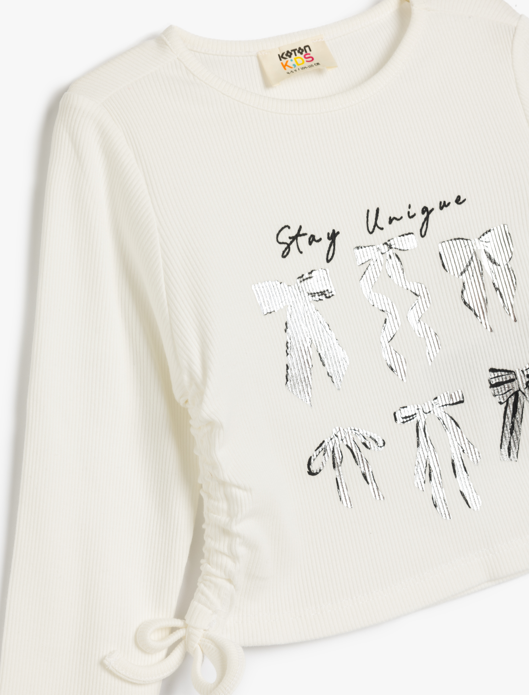  Kız Çocuk Crop Tişört Uzun Kollu Bisiklet Yaka Yanları Büzgülü Bağlamalı Fiyonk Baskılı Pamuklu