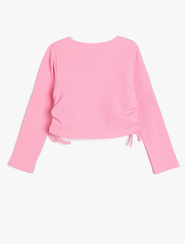 Kız Çocuk Unicorn Crop Tişört Uzun Kollu Bisiklet Yaka Yanları Büzgülü Bağlamalı Pamuklu