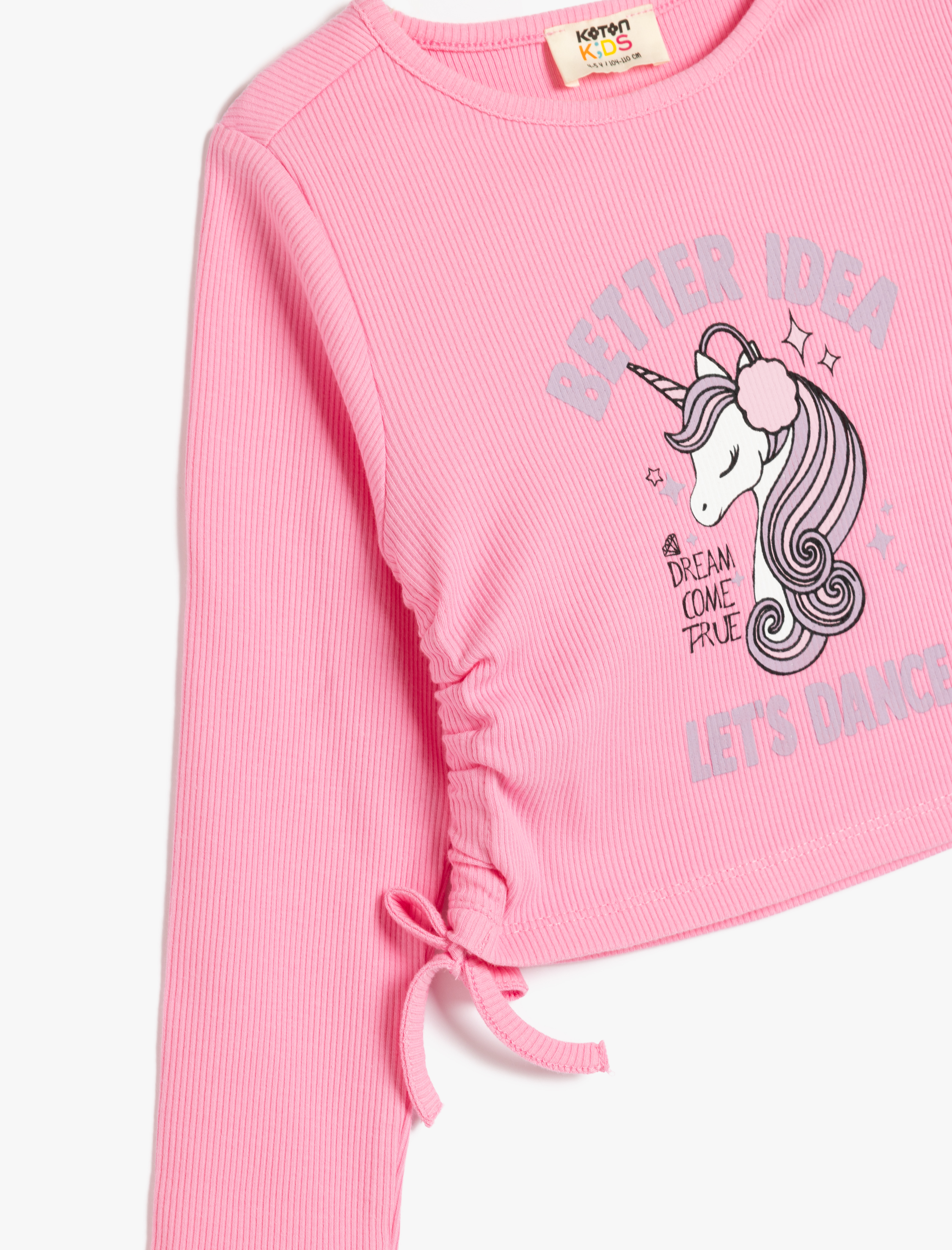  Kız Çocuk Unicorn Crop Tişört Uzun Kollu Bisiklet Yaka Yanları Büzgülü Bağlamalı Pamuklu