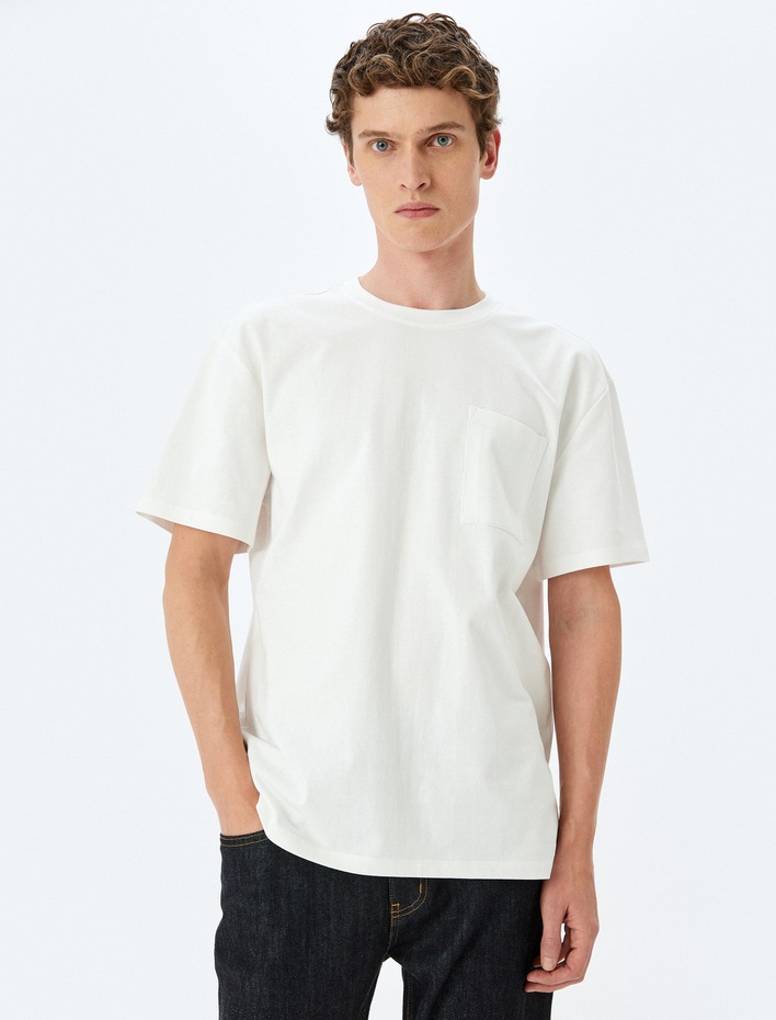  Kısa Kollu Bisiklet Yaka Cep Detaylı Tok Kumaş Pamuklu Oversize Tişört