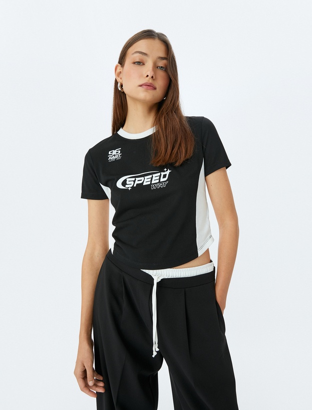 Bisiklet Yaka Slogan Baskılı Biyeli Kısa Kollu Slim Fit Tişört_0