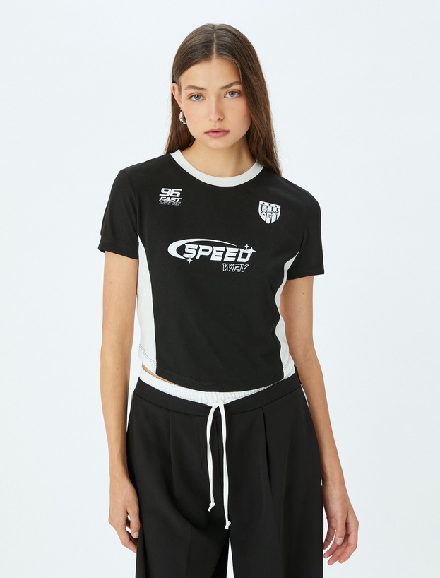 Bisiklet Yaka Slogan Baskılı Biyeli Kısa Kollu Slim Fit Tişört_2