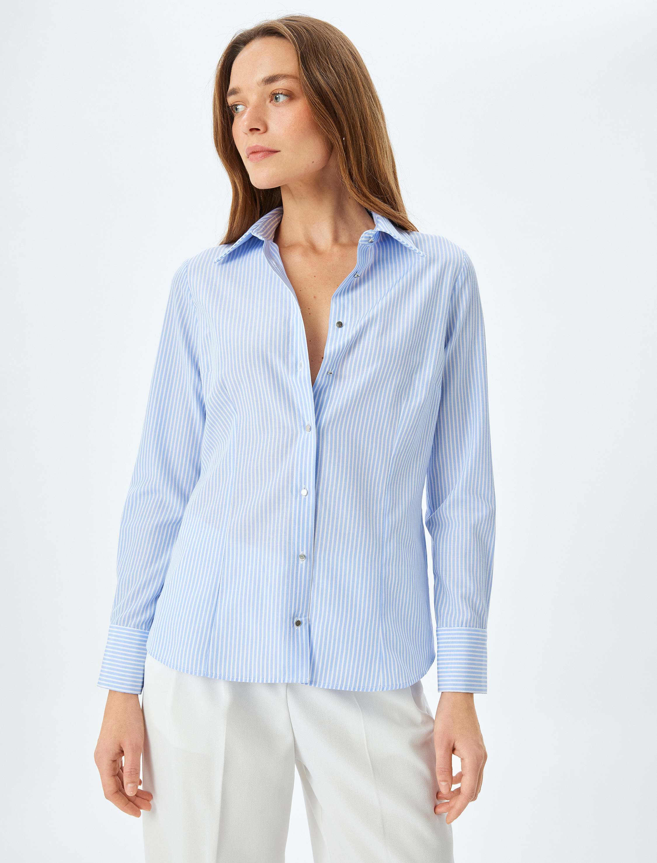   Pamuk Karışımlı Klasik Yaka Uzun Kollu Çizgili Gömlek