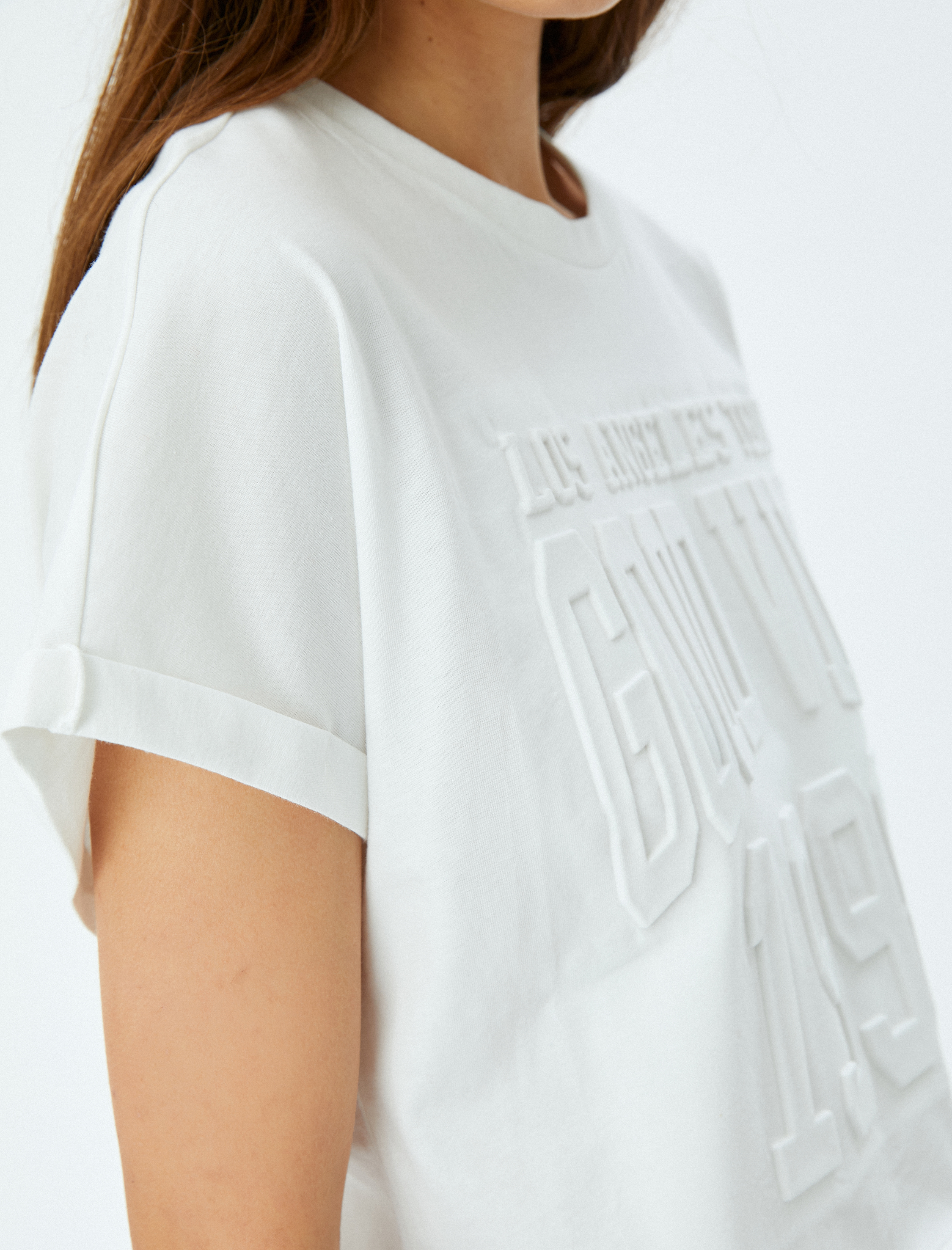 Bisiklet Yaka Sloganlı Kabartma Baskılı Kısa Kollu Rahat Kalıp Tişört