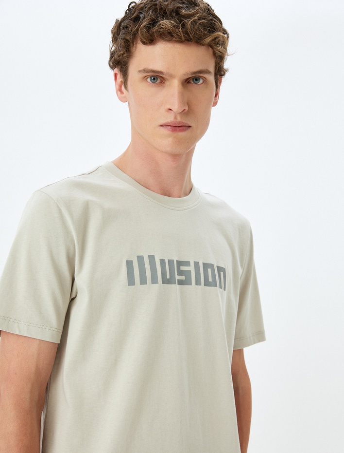  Bisiklet Yaka Pamuklu Kısa Kollu Slim Fit Slogan Baskılı Tişört
