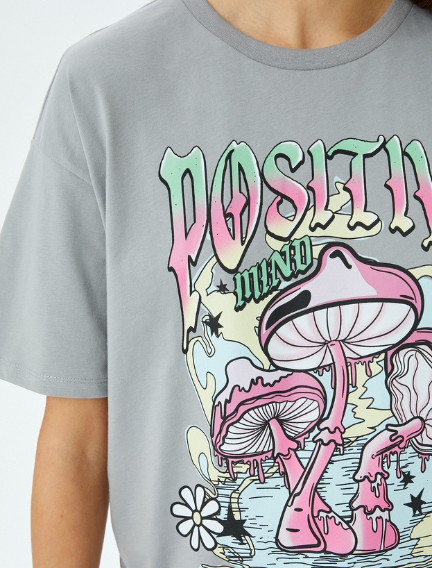 Bisiklet Yaka Slogan Baskılı Oversize Kısa Kollu Pamuklu Tişört_4