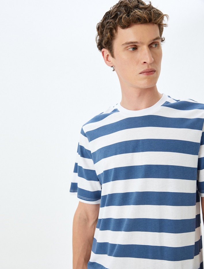  Bisiklet Yaka Pamuklu Regular Fit Kısa Kollu Çizgili Tişört