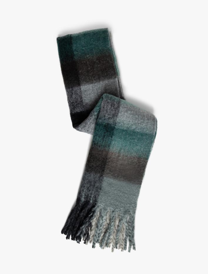 Kadın Uzun Atkı Püsküllü Kareli Yumuşak Dokulu