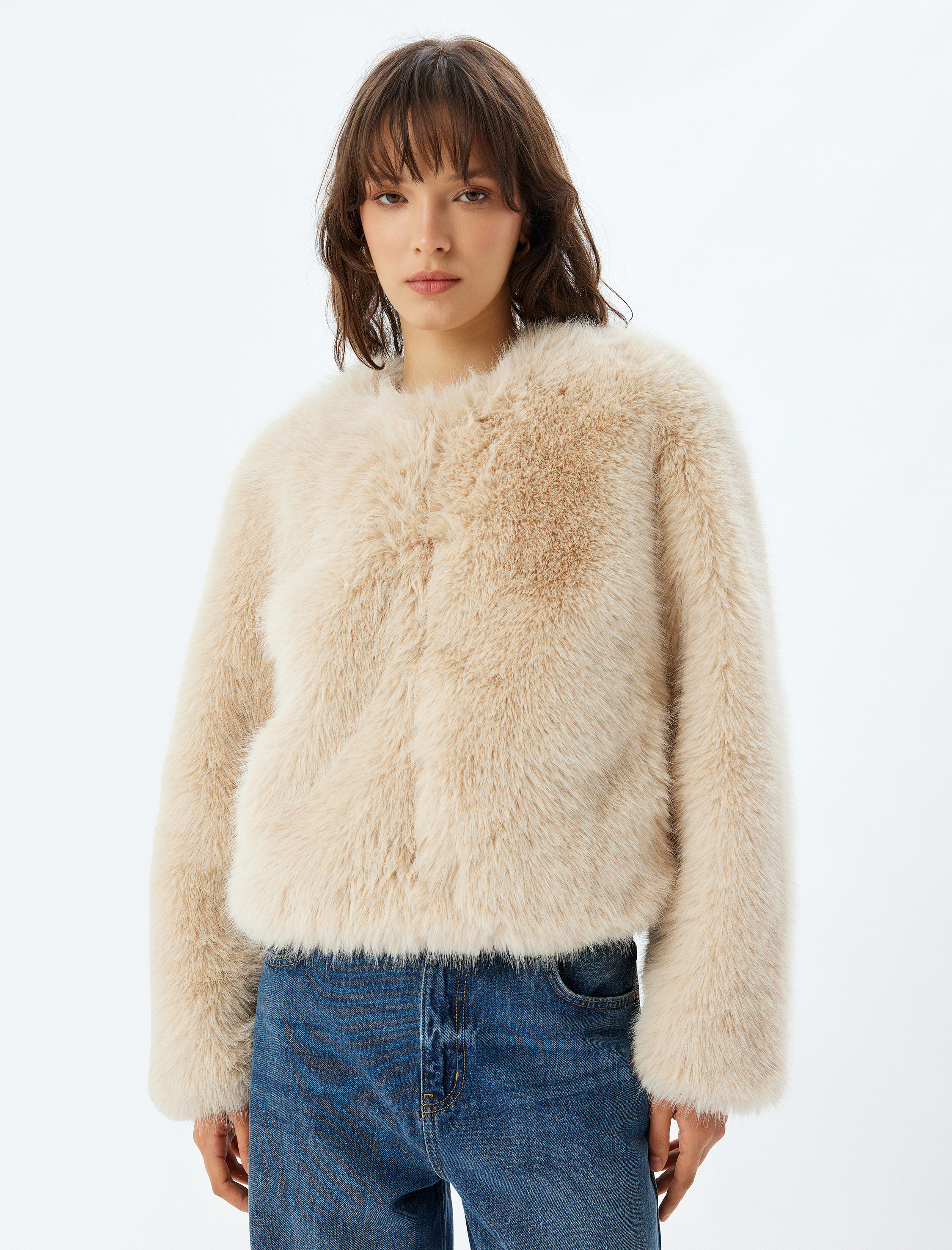   Peluş Ceket Kısa Yuvarlak Yaka Uzun Kollu