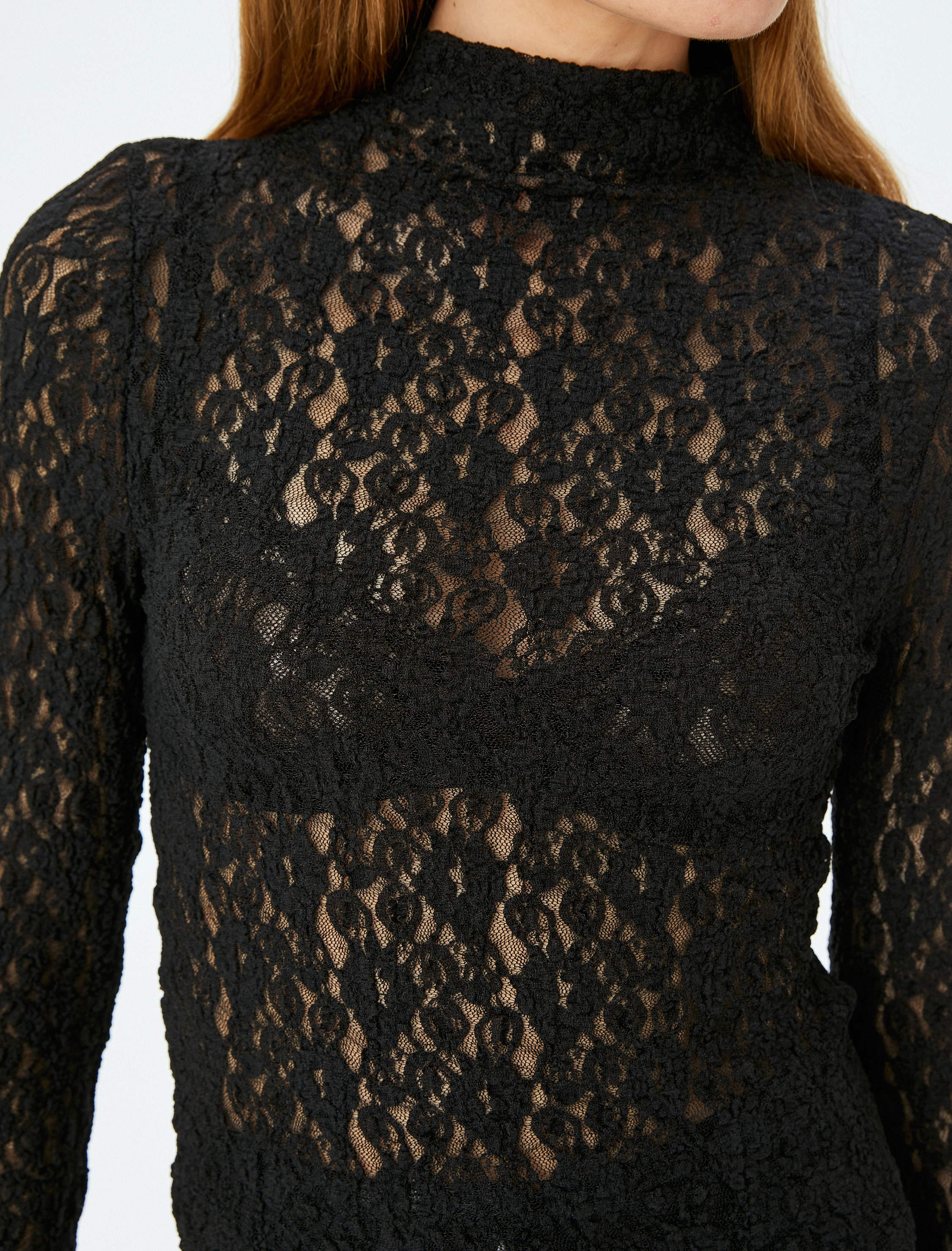   Koton X Sibil Çetinkaya - Uzun Kollu Dik Yaka Slim Fit Yarı Transparan Dantel Tişört